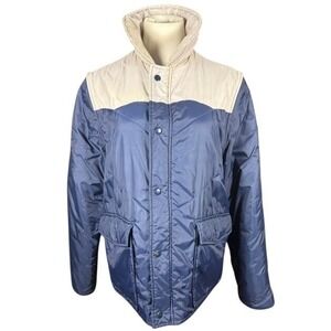 Montgomery Ward Vintage Blue Cream Quilted Puffer Jacket Women M 39-41 Korea 70s
